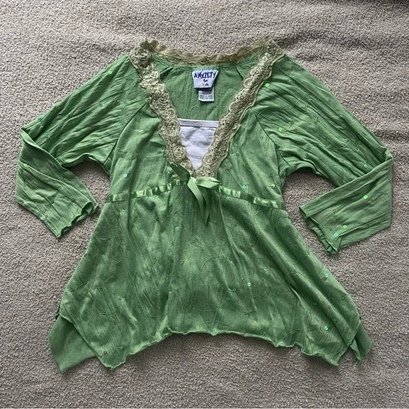 Vintage Kids Y2K boho green sequin long sleeve medium blouse - Picture 4 of 10